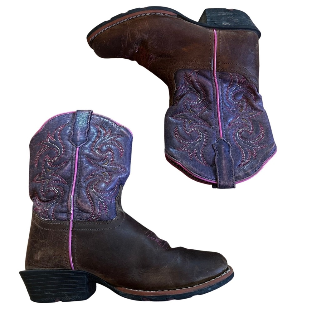 Dan Post Brown Leather Purple Embroidered Western Cowboy Boots Youth 5.5